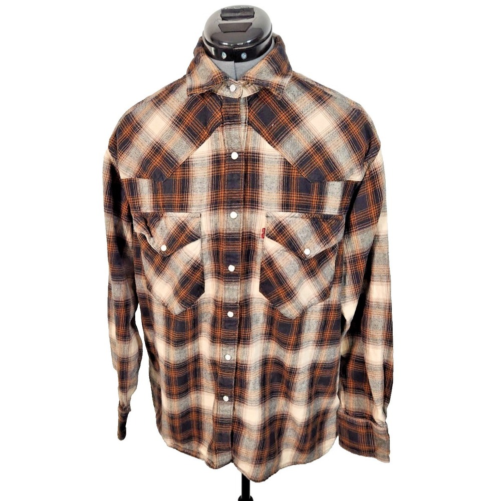 Levis Mens Brown Plaid Long Sleeve Western Pearl Snap Flannel Shirt Size M